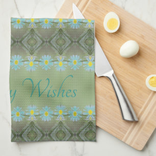 Teal flowered patterned design tea towel