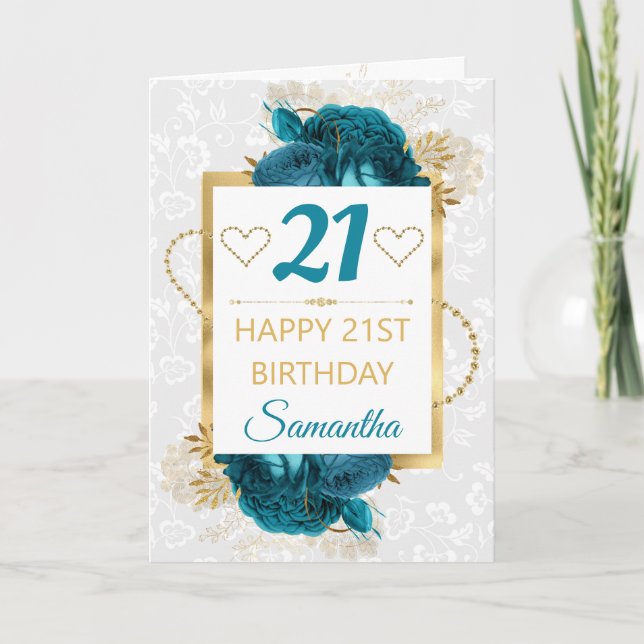 Teal Flowers and Gold Foil Birthday Card (Front)
