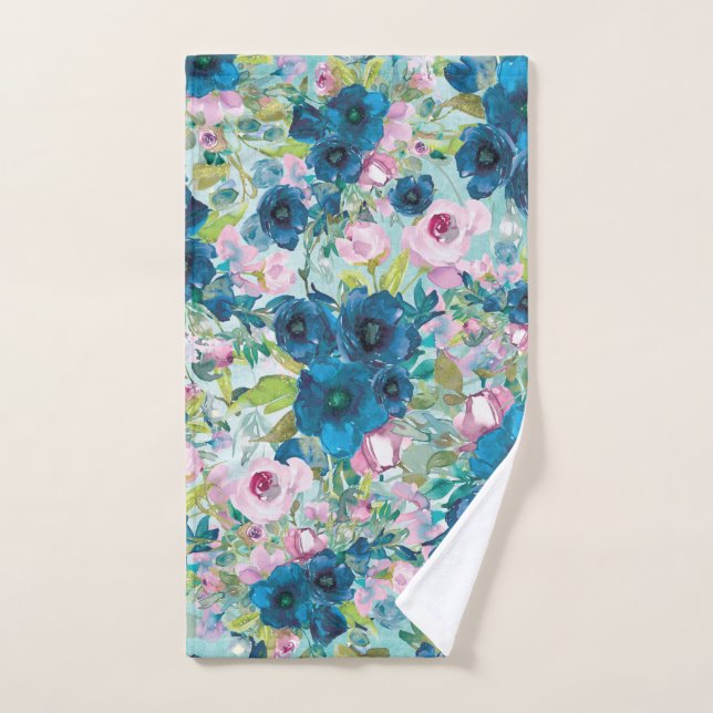 Teal Flowers and Pink Roses on Teal Hand Towel (Hand Towel)