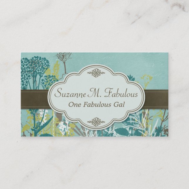 Teal flowers Brown Striped with Label Business Card (Front)