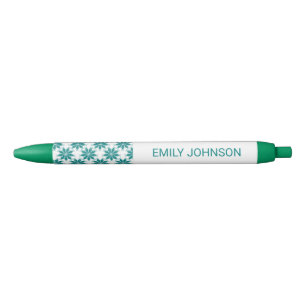 Teal flowers custom name white black ink pen