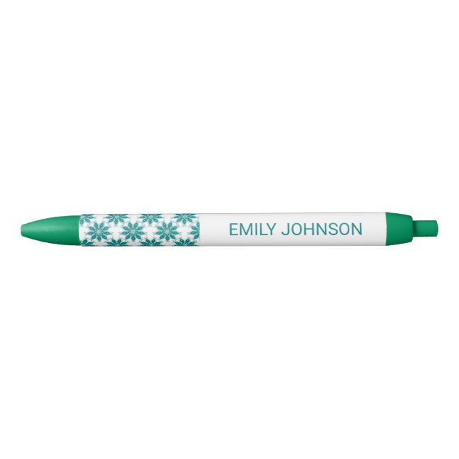 Teal flowers custom name white black ink pen (Front)