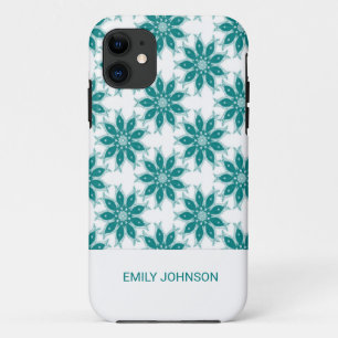Teal flowers custom name white iPhone 11 case