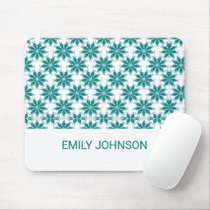 Teal flowers custom name white mouse mat