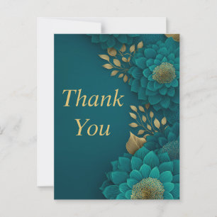 Teal Flowers Gold Leaves Dark Teal Thank You Card