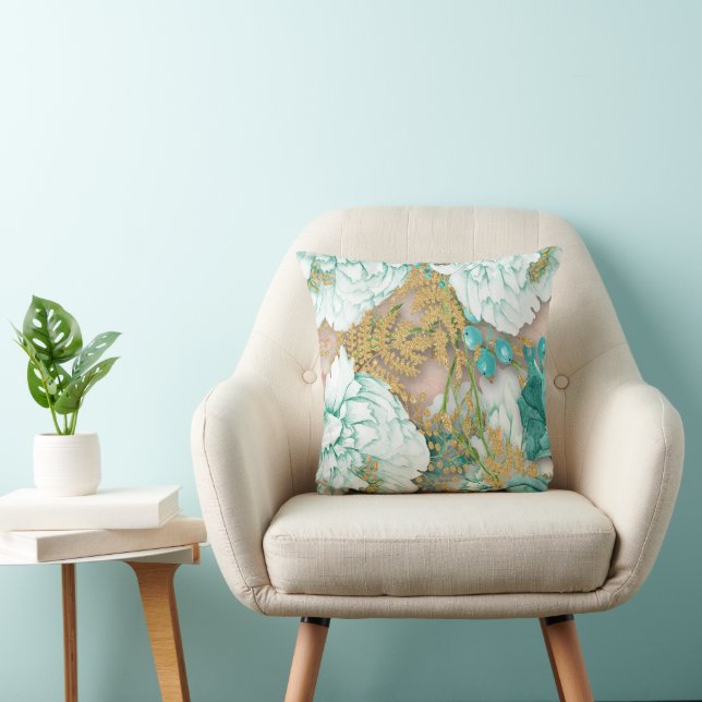 Teal Flowers over Watercolor Pink Cushion (Chair)