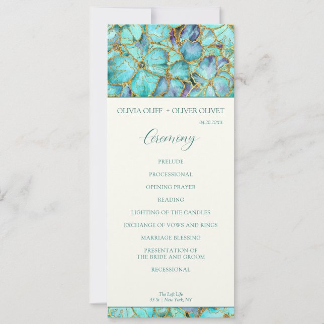 Teal Flowers Wedding Program Invitation (Front)