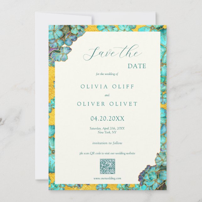 Teal Flowers Wedding Save The Date QR code Invitation (Front)