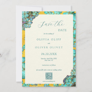 Teal Flowers Wedding Save The Date QR code Invitation