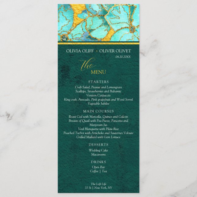Teal Flowers Yellow Gold Emerald Wedding Menu Card (Front)