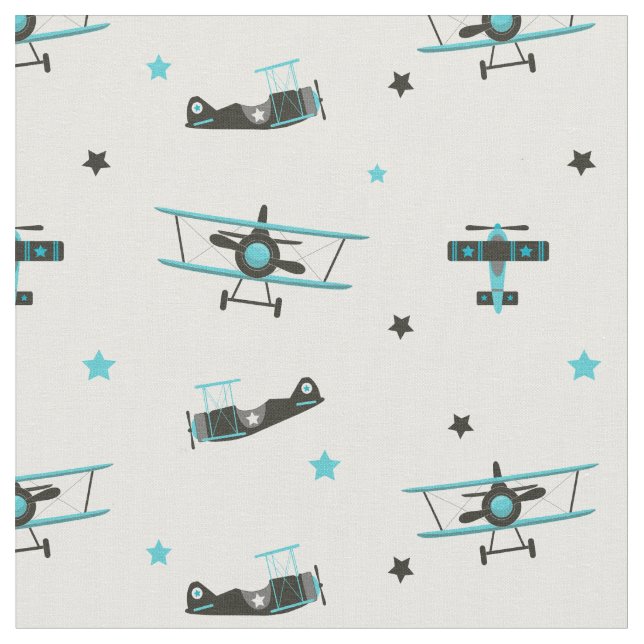 Teal Flying Retro Airplane Stars Pattern Fabric (Close Up)