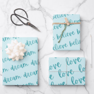 Teal Foil Dream Believe Love   Turquoise  Wrapping Paper Sheet
