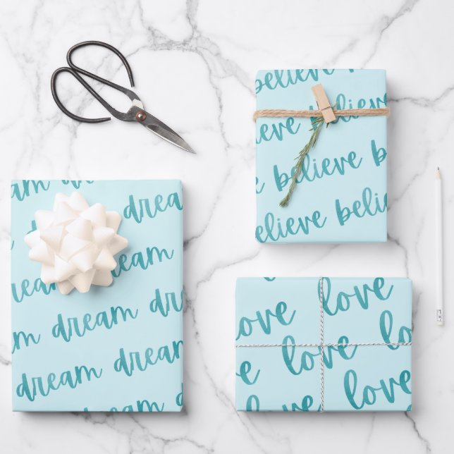 Teal Foil Dream Believe Love | Turquoise  Wrapping Paper Sheet (Front)