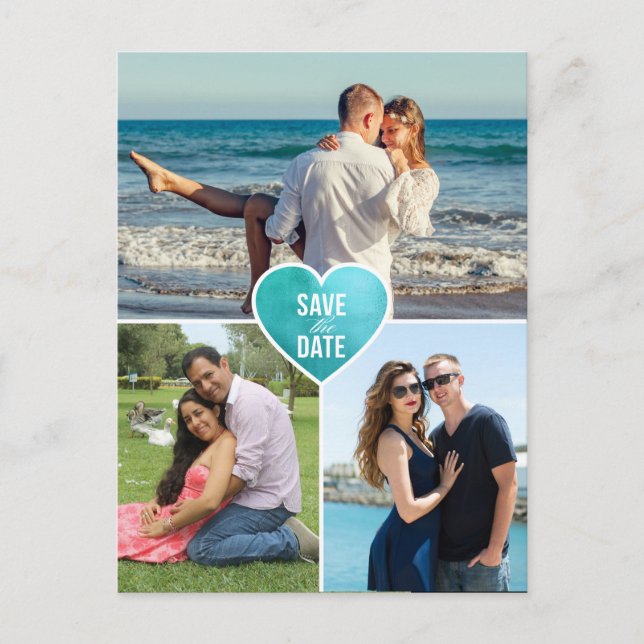 Teal foil love heart wedding save the date announcement postcard (Front)