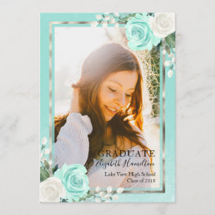 Teal & Foil Silver Floral Grad Announcement Photo