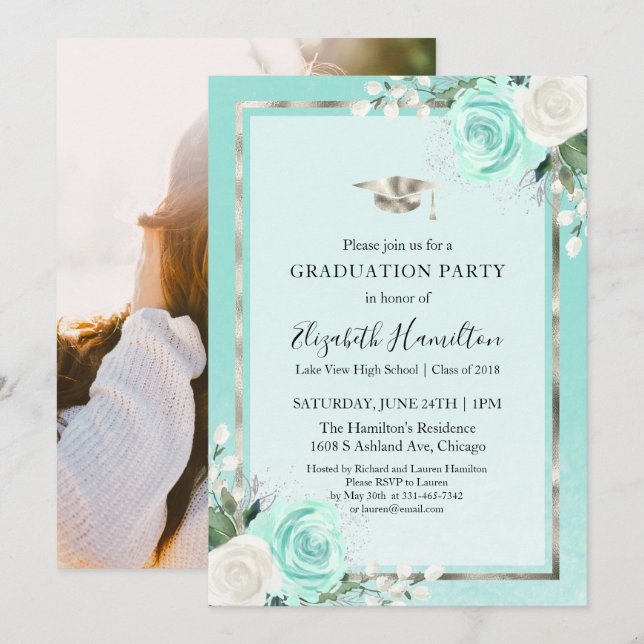 Teal & Foil Silver Floral Graduation Party Photo Invitation (Front/Back)