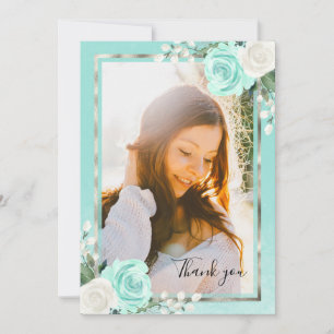 Teal & Foil Silver Floral Graduation Thank You Card