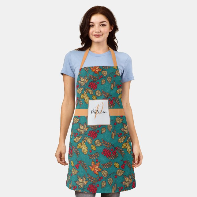 Teal Foliage Leaf with Family Name Apron (Worn)