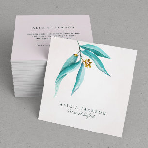 Teal foliage watercolor modern personal stylist square business card