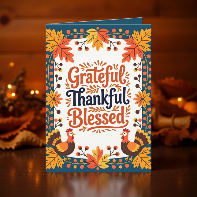 Teal Folk Art Turkey Thanksgiving Gratitude Card (Creator Uploaded)