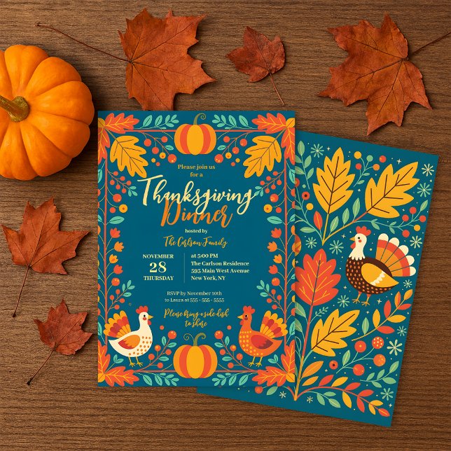 Teal Folk Art Turkey Thanksgiving Potluck Dinner Invitation (Creator Uploaded)