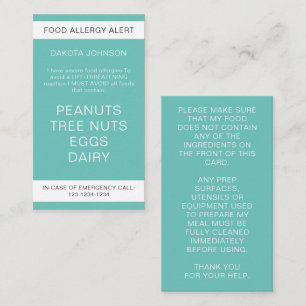 Teal Food Allergy Alert Card