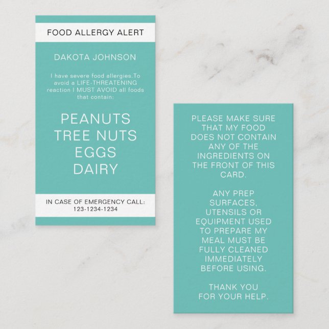 Teal Food Allergy Alert Card (Front/Back)