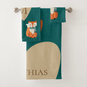Teal Fox Woodland Animal Autumn Monogram Bath Towel Set