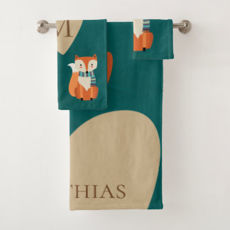 Teal Fox Woodland Animal Autumn Monogram Bath Towel Set