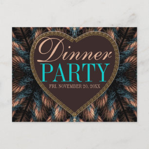 Teal Fractal Feathers Dinner Party Invitation Postcard