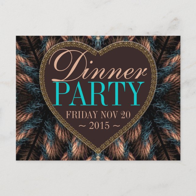 Teal Fractal Feathers Dinner Party Invitation Postcard (Front)