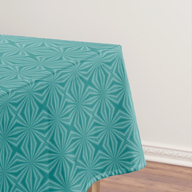 Teal Fractal Red Monogram White Circle Tablecloth (In Situ)