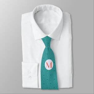 Teal Fractal Red Monogram White Circle Tie