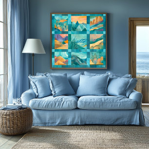 Teal Framed Abstract Desert Art Grid – Geometric Poster