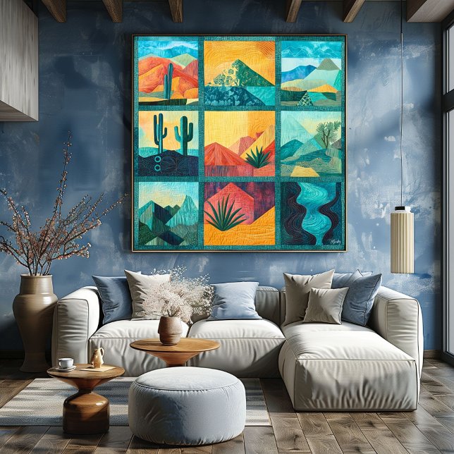 Teal Framed Desert Art Grid – Colourful Geometric  Poster (Creator Uploaded)