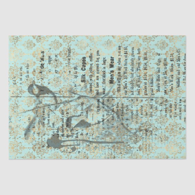 Teal french Birds 10lb 15 x 20 decoupage Tissue Paper (Front)