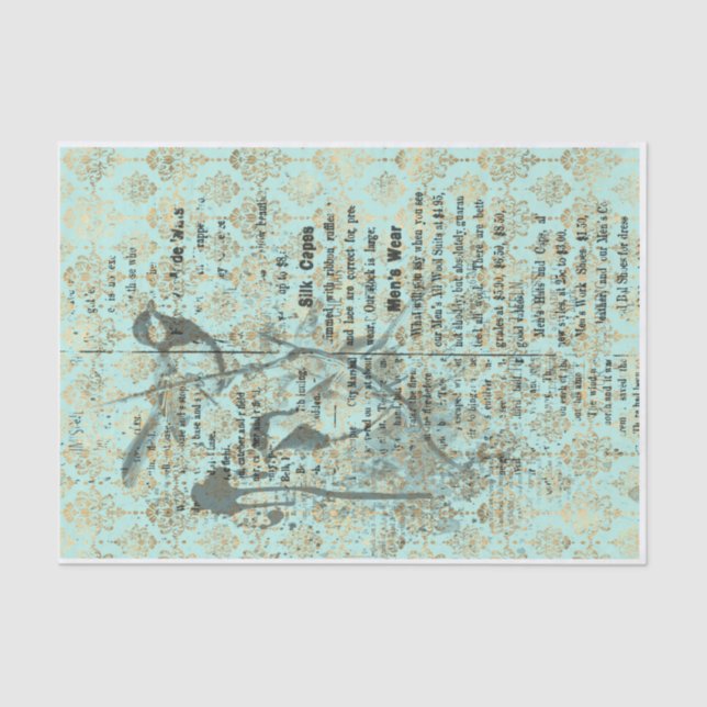 Teal french Birds 10lb decoupage Tissue Paper (Front)