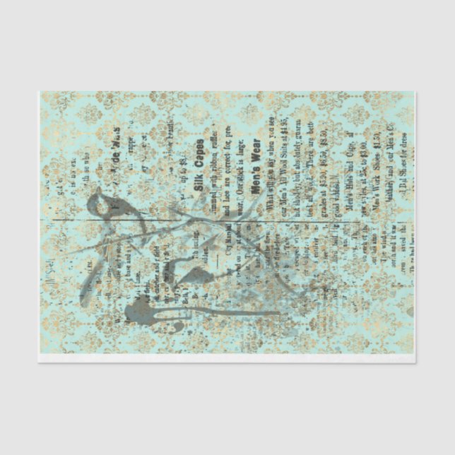 Teal french Birds  18lb decoupage Tissue Paper (Front)