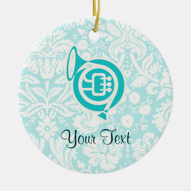 Teal French Horn Ceramic Tree Decoration (Front)
