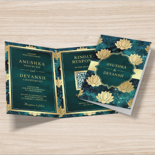 Teal Galaxy Gold Lotus QR Code Indian Wedding Invitation