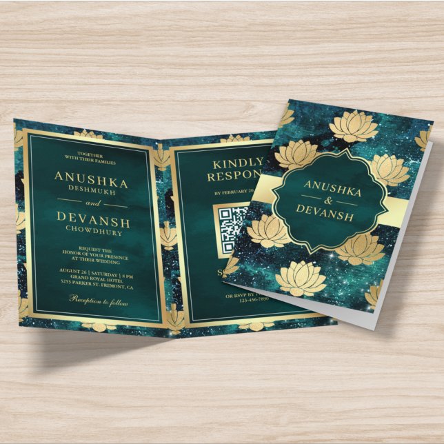 Teal Galaxy Gold Lotus QR Code Indian Wedding Invitation (Creator Uploaded)
