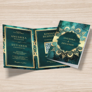 Teal Galaxy Gold Mandala QR Code Indian Wedding Invitation