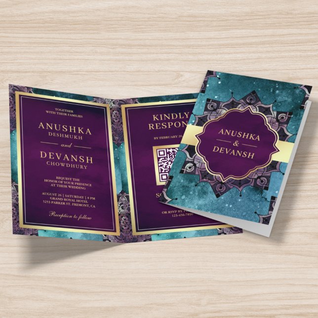 Teal Galaxy Purple Mandala QR Code Indian Wedding Invitation (Creator Uploaded)