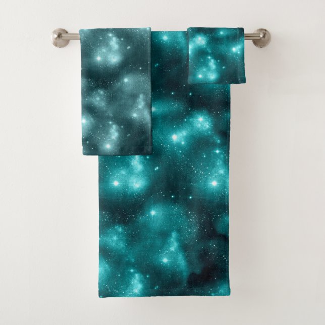 Teal Galaxy Series Design 3 Bath Towel Set (Insitu)