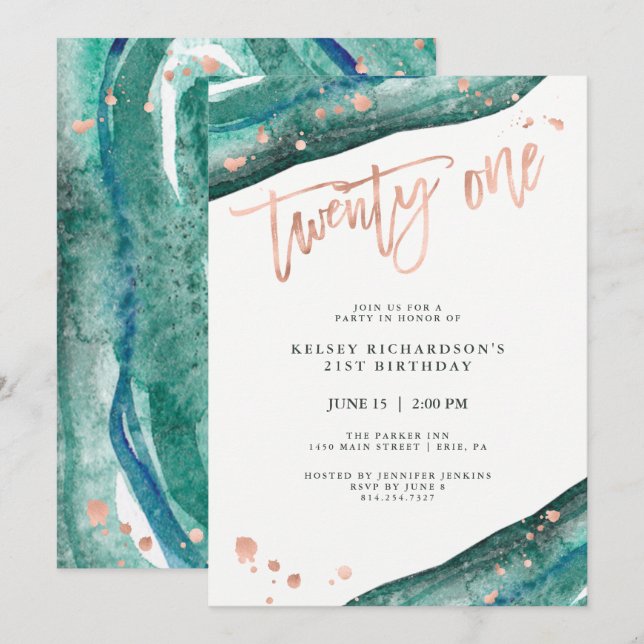 Teal Geode and Faux Rose Gold Look | 21st Birthday Invitation (Front/Back)