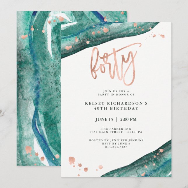 Teal Geode and Faux Rose Gold Look | 40th Birthday Invitation (Front/Back)