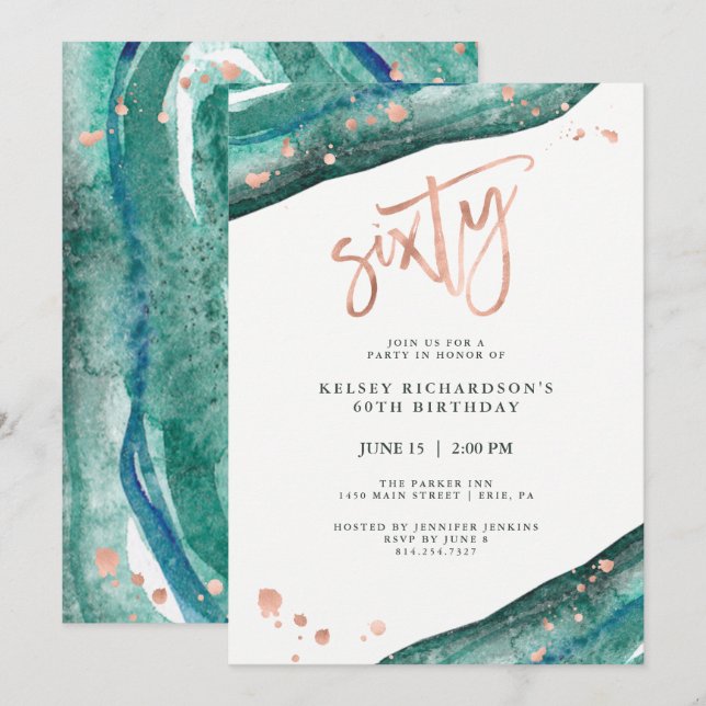 Teal Geode and Faux Rose Gold Look | 60th Birthday Invitation (Front/Back)