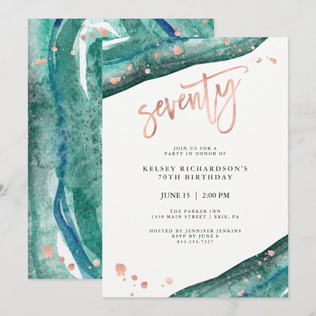 Teal Geode and Faux Rose Gold Look | 70th Birthday Invitation (Front/Back)