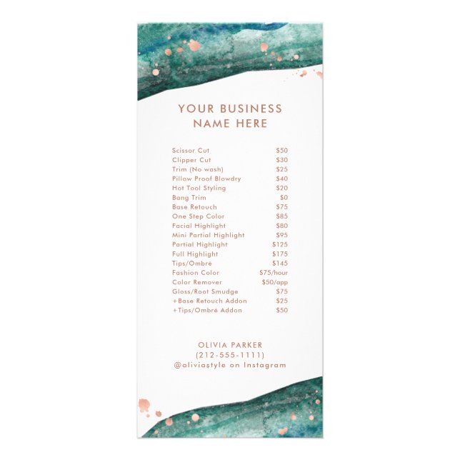 Teal Geode and Rose Gold Salon Price List Service Rack Card (Front)
