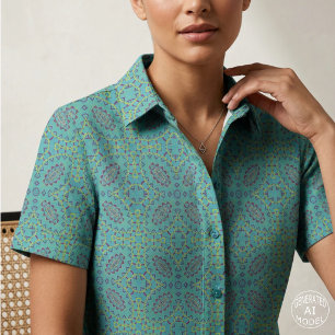 Teal Geometric Boho Moroccan Mosaic Pattern Fabric